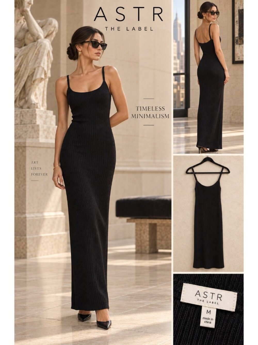 ASTR The Label Black Ribbed Knit Maxi Dress M Adjustable Straps Bodycon Minimali